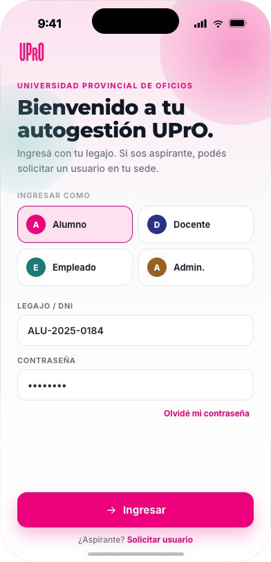 Mockup de la app UPrO en un smartphone